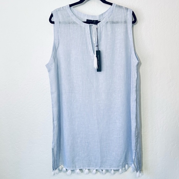 TAHARI Linen Blend Blouse XL Blue Striped NWT - Picture 1 of 8